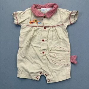McBaby Kids Beige Linen Blend Fish Whale Nautical Romper 3/6 Months Gingham Trim